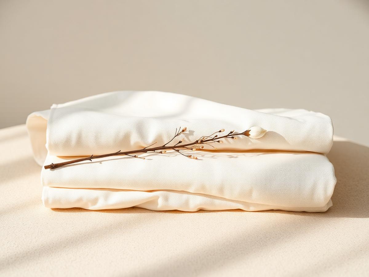 Folded bone-white linen with a delicate botanical branch