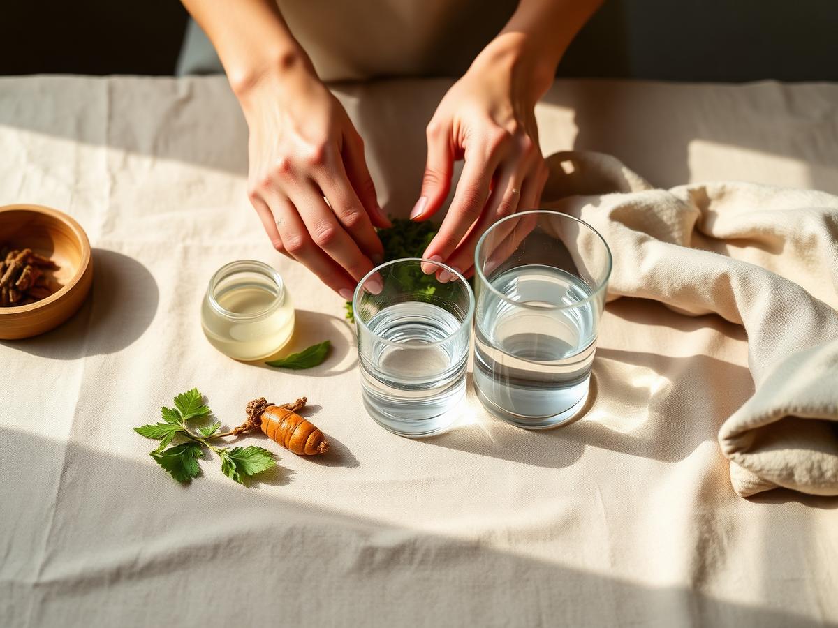 Warm natural light on fresh whole foods and water on linen